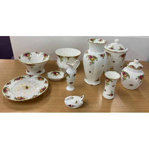 536 - Selection of Royal Albert Old Country Rose and other to include clock, jardinere, vase etc