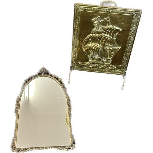 218 - Vintage brass framed mirror and a brass ships galleon fire screen, mirror measures approx 26.5 inche... 