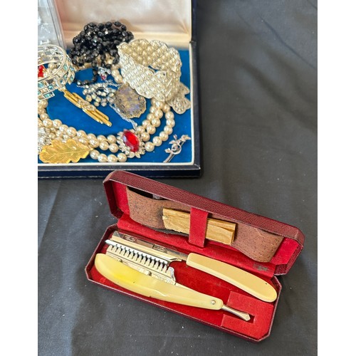 458 - Selection of costume jewellery includes silver brooch, Swatch watch, Razor set etc