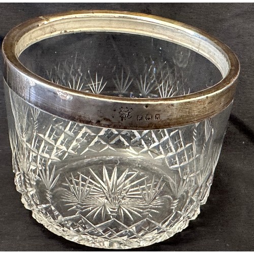 369 - Vintage silver rimmed glass pot and jug, London silver hallmarks Makers J.H.W sons LTD