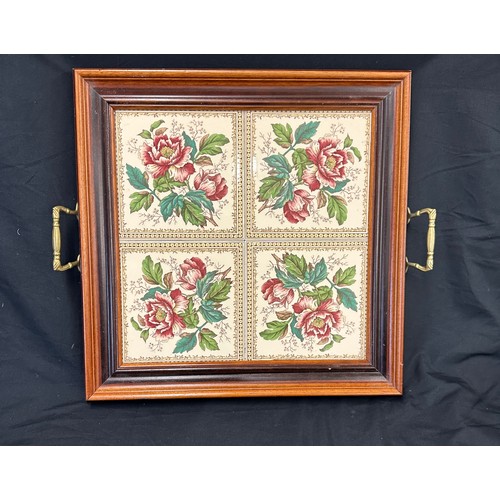 89 - Vintage tile topped tray measures approximately 15 by 15 inches