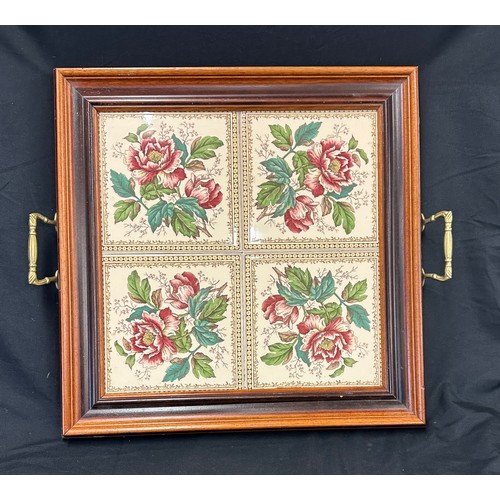 89 - Vintage tile topped tray measures approximately 15 by 15 inches