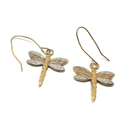 197 - 9ct three colour gold dragonfly drop earrings (0.5g)