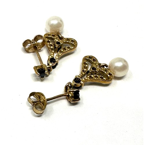 119 - 9ct gold diamond, cultured pearl & sapphire drop earrings (2.1g)