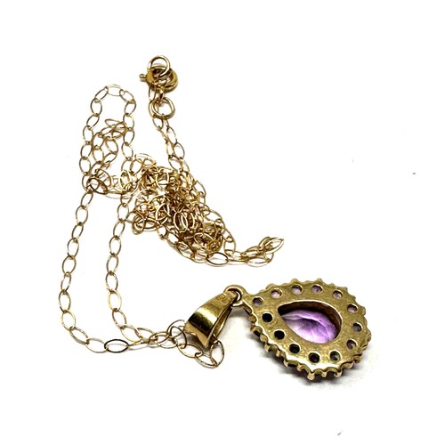 121 - 9ct gold amethyst teardrop pendant necklace (1.5g)