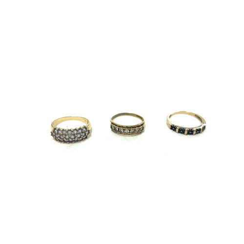 398 - Three ladies 9ct gold stone set dress rings, total weight approximately 10.8 grams