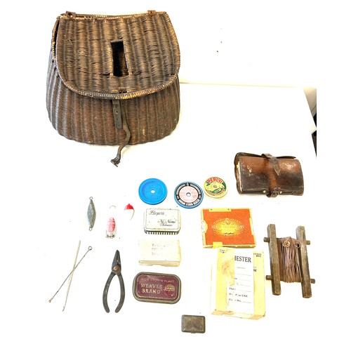 87 - Antique fishing creel complete with contents