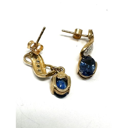 90 - 9ct yellow gold diamond & sapphire drop earrings (2.3g)