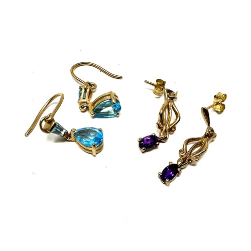 59 - 2 x 9ct yellow gold vintage paired earrings inc. topaz & amethyst (3.2g)