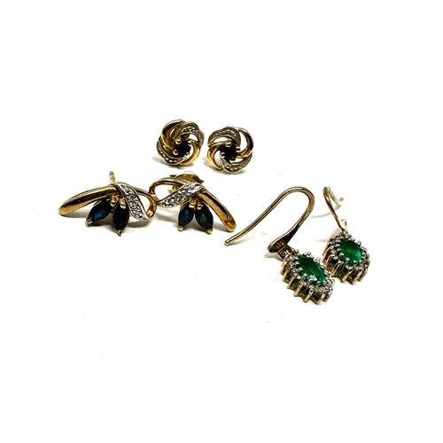 68 - 3 x 9ct yellow gold vintage paired earrings inc. synthetic emerald, sapphire, diamond & ruby (4g)