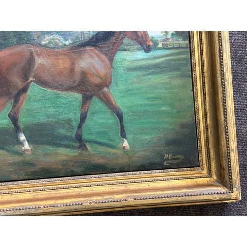 60 - Signed oil on canvas, depicting a horse, framed, frame measures approximately 26 inches wide 22 inch... 