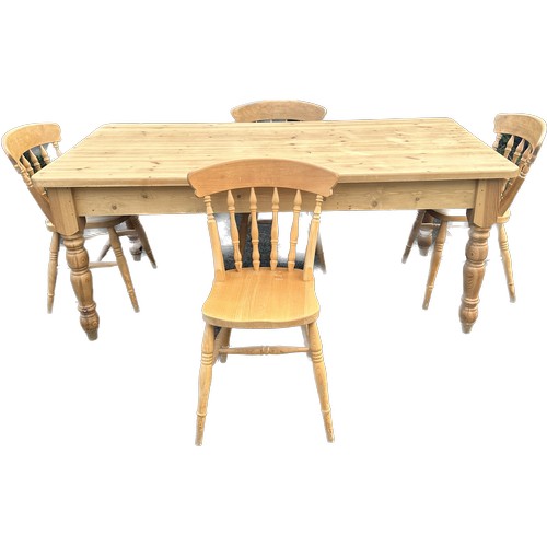 542 - Large pine house table and 4 chairs with drawer to end 28 inches tall 72 inches long 36 inches wide