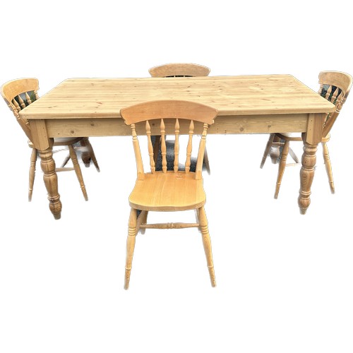 542 - Large pine house table and 4 chairs with drawer to end 28 inches tall 72 inches long 36 inches wide