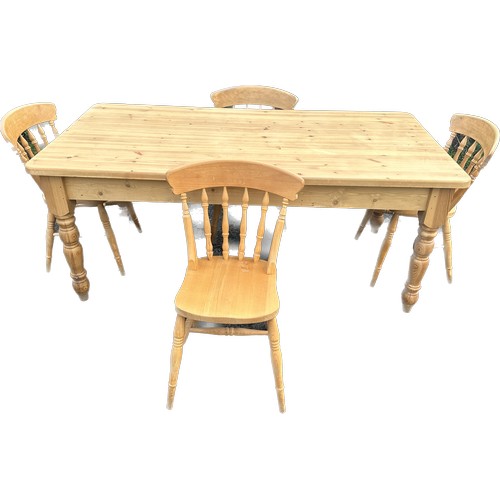 542 - Large pine house table and 4 chairs with drawer to end 28 inches tall 72 inches long 36 inches wide