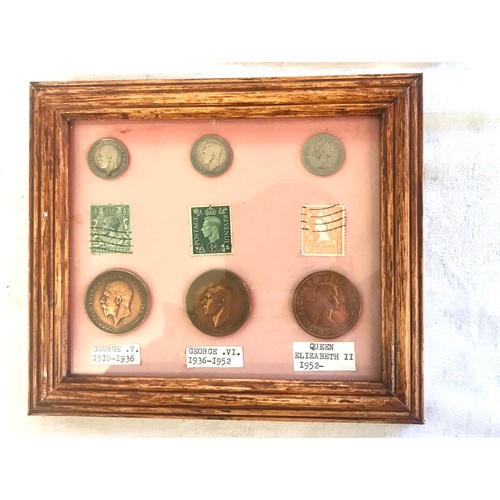 100 - Selection of framed coins includes pre decimal pennies etc