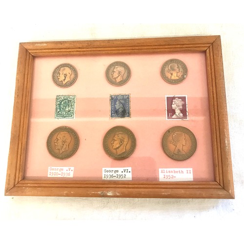 100 - Selection of framed coins includes pre decimal pennies etc