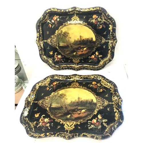 175 - 2 reproduction of papier mache trays, metal trays, measures approximately 22inches by 17 inches