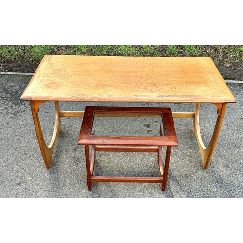 568 - Two teak tables measures approx height 20 inches by 39 inches length by 19.5 width