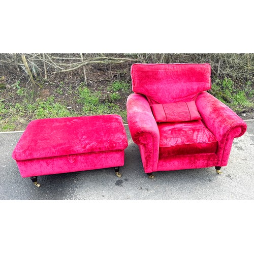 591 - Red velvet bedroom chair with cushion and a red velvet ottomen foot stool