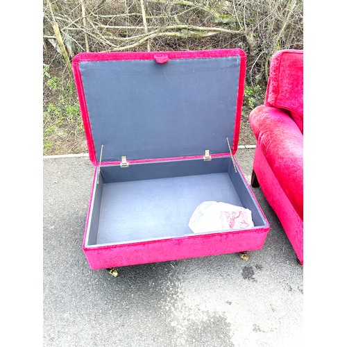 591 - Red velvet bedroom chair with cushion and a red velvet ottomen foot stool