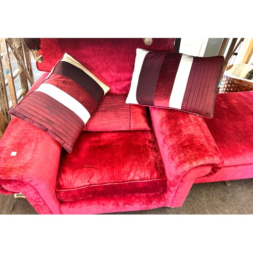 591 - Red velvet bedroom chair with cushion and a red velvet ottomen foot stool