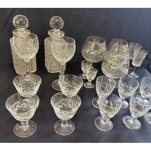 296 - Selection of glassware to include brand glasses, a pair of matching decanters etc, One decanter stop... 