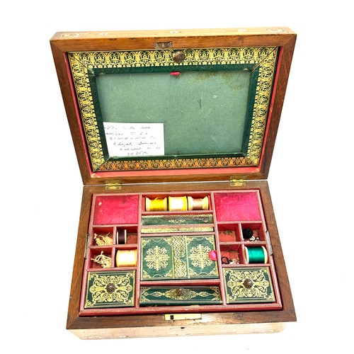 477 - Vintage inlaid sewing box and contents