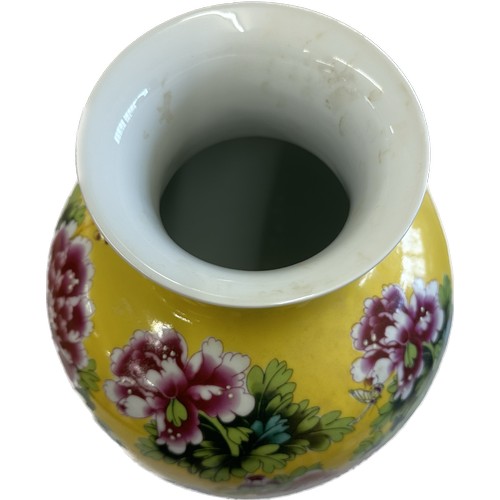 181 - Chinese yellow flower pattern vase, marks to base height approximately 18 inches