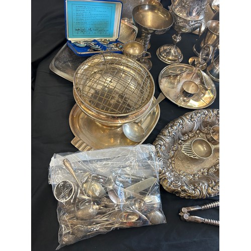 236 - Large selection of silver plated items to include teapot, tray, cutlery etc