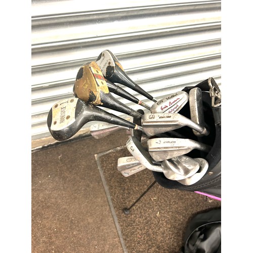 334 - Selection of golf clubs and gold bag, Eric Brown clubs etc