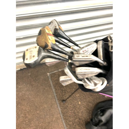 334 - Selection of golf clubs and gold bag, Eric Brown clubs etc