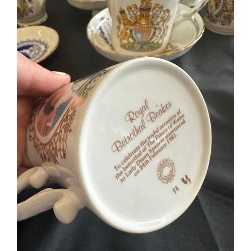 239 - Large selection of commemorative ware includes mugs, Shelley Cup (damaged), dish etc