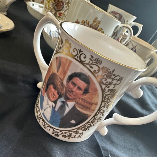 239 - Large selection of commemorative ware includes mugs, Shelley Cup (damaged), dish etc