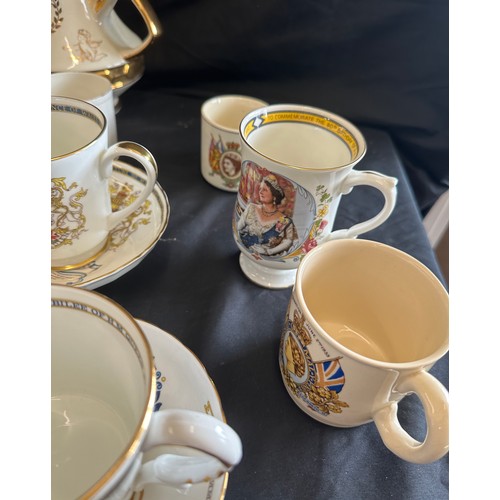 239 - Large selection of commemorative ware includes mugs, Shelley Cup (damaged), dish etc