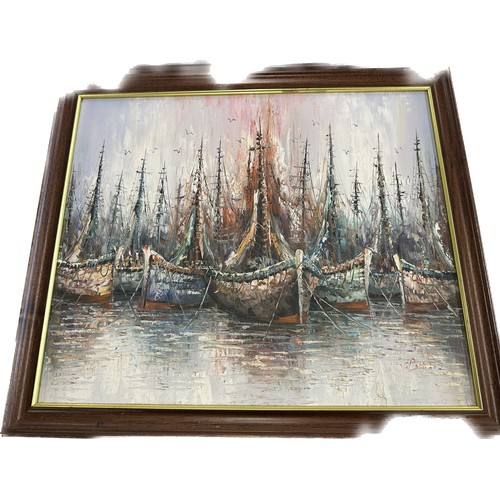 49 - 2 Large framed painting of sailboats largest measures approximately 33 inches wide 24 inches tall