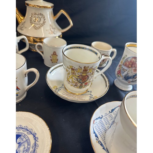 239 - Large selection of commemorative ware includes mugs, Shelley Cup (damaged), dish etc