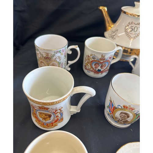 239 - Large selection of commemorative ware includes mugs, Shelley Cup (damaged), dish etc