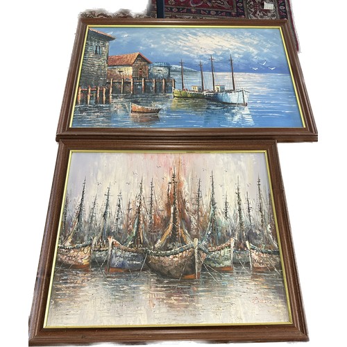 49 - 2 Large framed painting of sailboats largest measures approximately 33 inches wide 24 inches tall