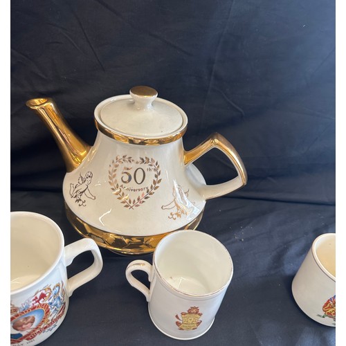 239 - Large selection of commemorative ware includes mugs, Shelley Cup (damaged), dish etc