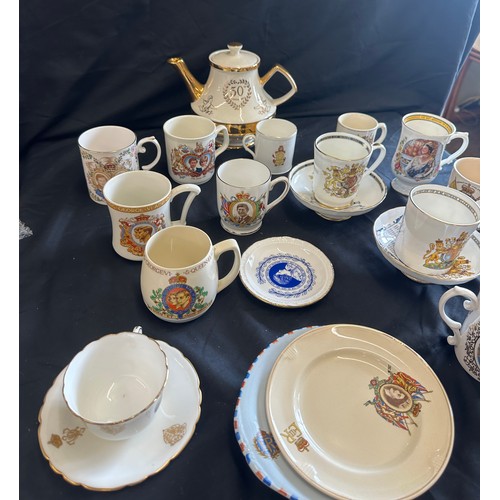 239 - Large selection of commemorative ware includes mugs, Shelley Cup (damaged), dish etc