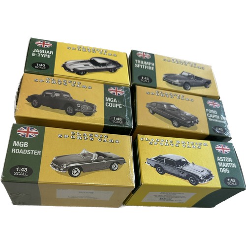 110 - Atlas British Classic Sports Cars - MGB Roadster 1:43 scale, Ford capri 280 brooklands, MGA Coupe, j... 