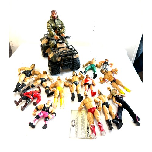 201 - Selection of figures includes action man the ultra corps quad 4x4 650cc and a selection of wrestling... 