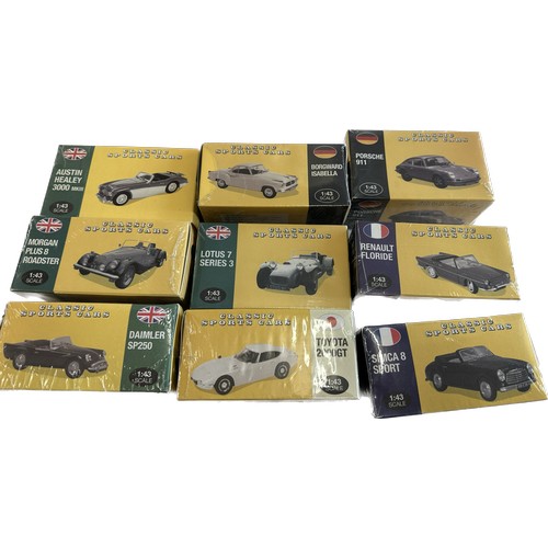 157 - Selection of boxed Atlas edition classic sport cars includes Daimler sp250, Porsche 911, toyota 2000... 