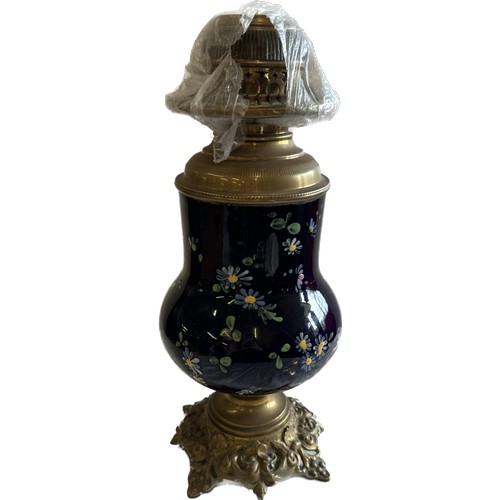 141 - Brass and glass hand painted oil lamp, missing funnel and shade