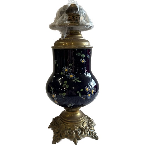 141 - Brass and glass hand painted oil lamp, missing funnel and shade