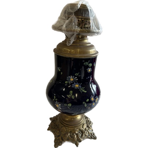 141 - Brass and glass hand painted oil lamp, missing funnel and shade