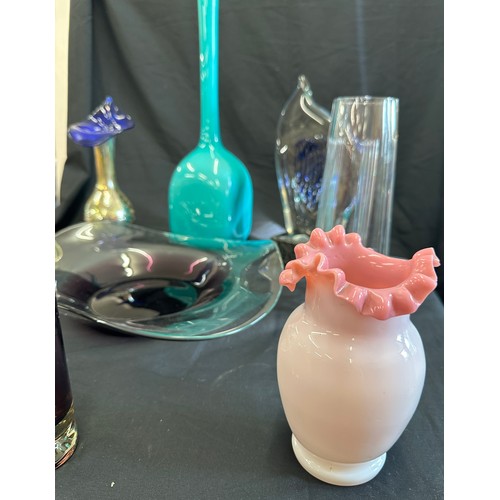 249 - Selection of coloured glassware includes vases, bowls, large decorative mantle piece, medina etc