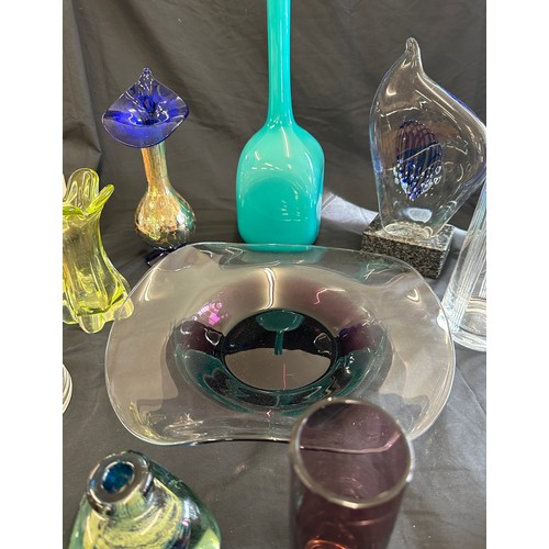 249 - Selection of coloured glassware includes vases, bowls, large decorative mantle piece, medina etc