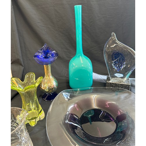 249 - Selection of coloured glassware includes vases, bowls, large decorative mantle piece, medina etc