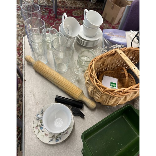 330 - Large selection of miscellaneous items includes vases, lamps, glasses, wicker basket etc